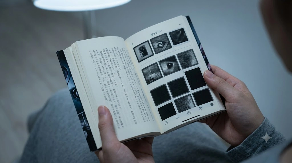 スマートフォンと同じ縦横比で作られた、特殊な判型の小説『エゴサ厳禁』を手に持つ日本人読者。右ページにはスマホの画面風の画像が配置され、没入感を高めている。