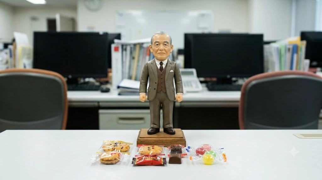 オフィスのデスクに置かれた創業者フィギュアの前に、お供えされた色とりどりのお菓子。