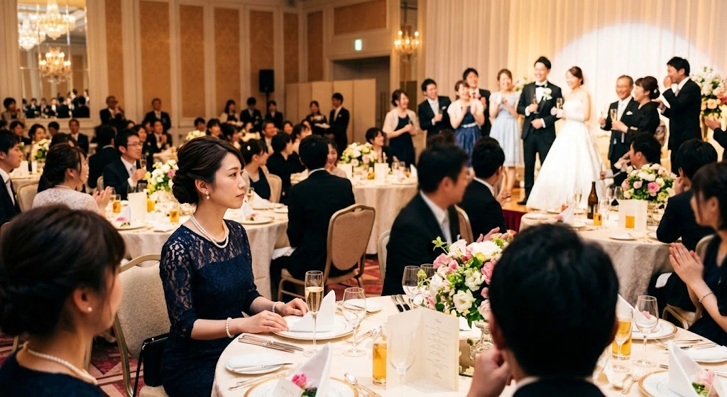 華やかな結婚式場のレセプションで、遠くの新郎新婦を疎外感のある表情で見つめる、ドレス姿の日本人女性。