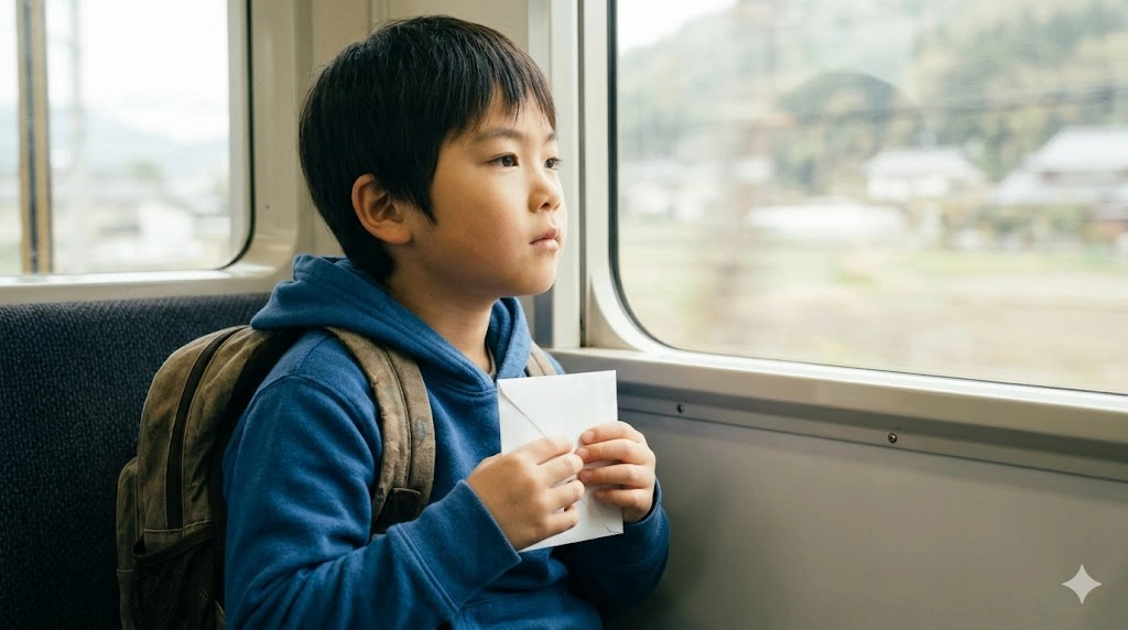 小説『生きてさえいれば』で、小学生の主人公・千景が、病室から出られない叔母の代わりに手紙を届けるために、一人で新幹線に乗り大阪へ向かう様子。