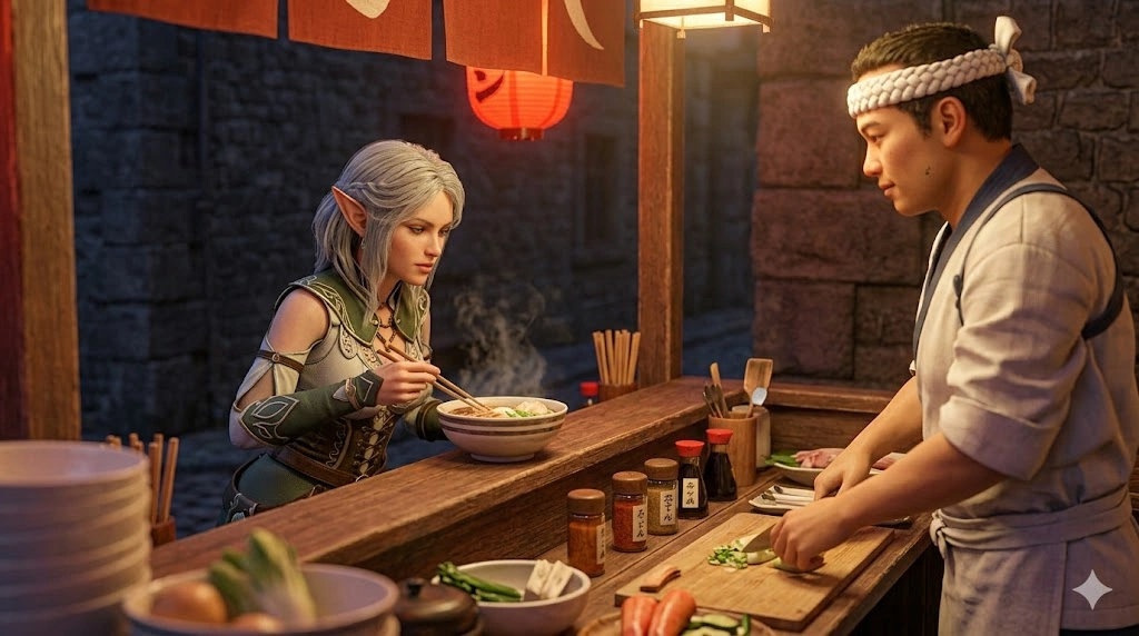 屋台のカウンターで、美しいエルフの女性（リンスィール）が真剣な表情でラーメンを試食し、その横で若き人間の料理人（レン）が緊張しながら彼女の反応を見守っている。