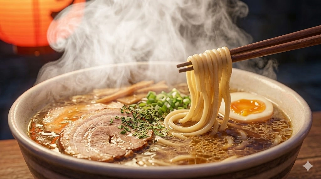 できたて熱々のラーメンのクローズアップ。濃厚な魚介系スープに麺が絡み、チャーシューや煮玉子が美しく盛り付けられ、大量の湯気が立ち上っている。