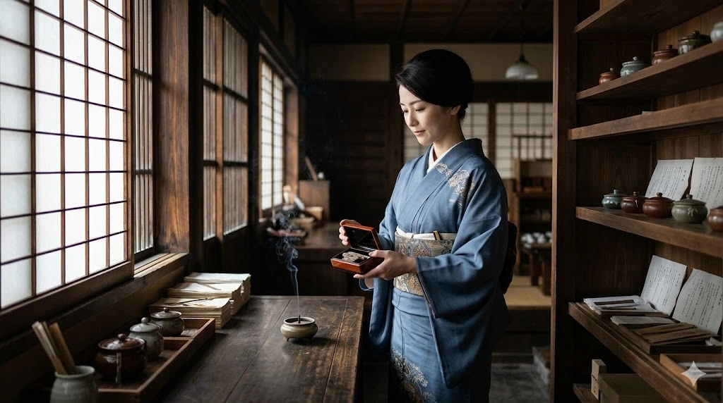 京都の香老舗の店内で、沈香を手に持ち静かに佇む伝統的な着物姿の日本人女性。