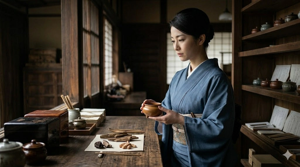 静寂な火葬場で、遺骨から立ち上る見えない伽羅の香りを象徴する、伝統的な香老舗の道具と沈香。