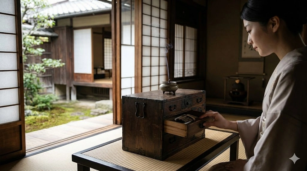 日本家屋の和室で、古い木箱の引き出しを開け、立ち上るお香の煙を静かに見つめる日本人女性の横顔。