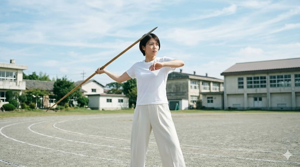 小説『かたばみ』の主人公・山岡悌子。オリンピック候補だったやり投げに打ち込む、凛としたアジア人女性。昭和のグラウンドで槍を手にポーズをとる。
