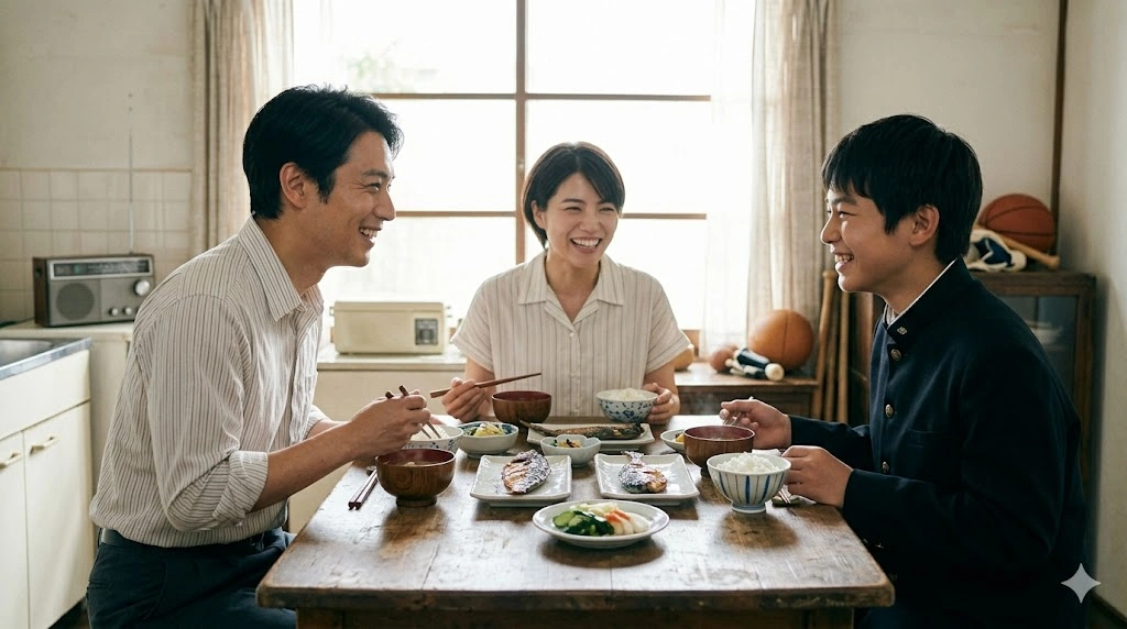 小説『かたばみ』の第二章主人公・中津川権蔵。病弱だった彼が、引き取った幼い清太を抱きしめ、深い父性に目覚める感動的なシーン。昭和の日本の木造家屋で、庭の緑を背に温かい光が差し込む。