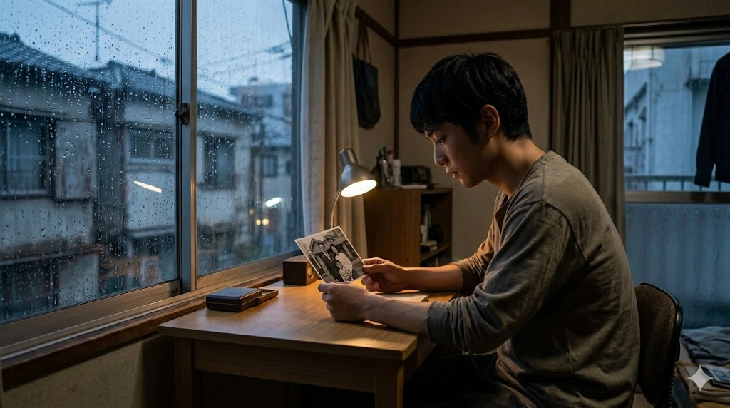 雨の日の夕暮れ、東京の古いアパートの一室で、亡き両親の写真をじっと見つめる主人公の瞬一。過去のトラウマと孤独。