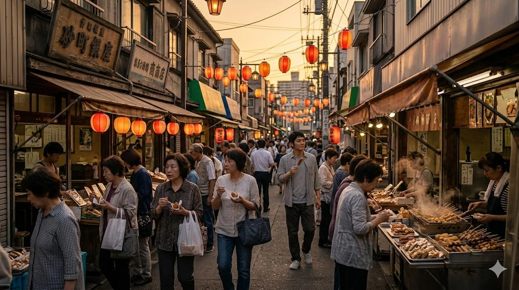 夕暮れ時、多くの買い物客で賑わう活気ある砂町銀座商店街の風景。お惣菜屋の湯気が立ち上る。作中の舞台のリアリティ。