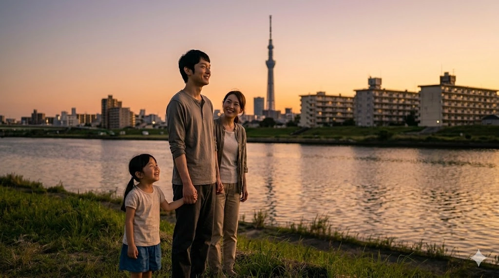穏やかな夕暮れの荒川の土手で、隣人の母子と笑顔で並ぶ瞬一。人と人との繋がりと、見つけた「帰る場所」。