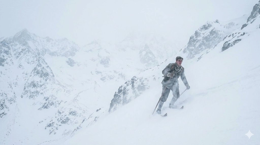 猛烈な吹雪が吹き荒れる過酷なアルプスの雪山で、主人公ハンス・カストルプがスキーを履いたまま遭難しかけているドラマチックなシーン。生と死の境界、そして彼が到達する悟りを象徴する風景。