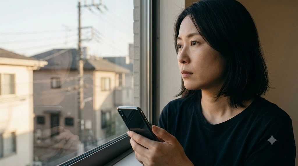 静かな東京のアパートで、窓の外を寂しげに見つめる日本人女性。彼女の手元にはスマートフォンの画面が暗く光り、都会の孤独と「自己不在感」を象徴する。