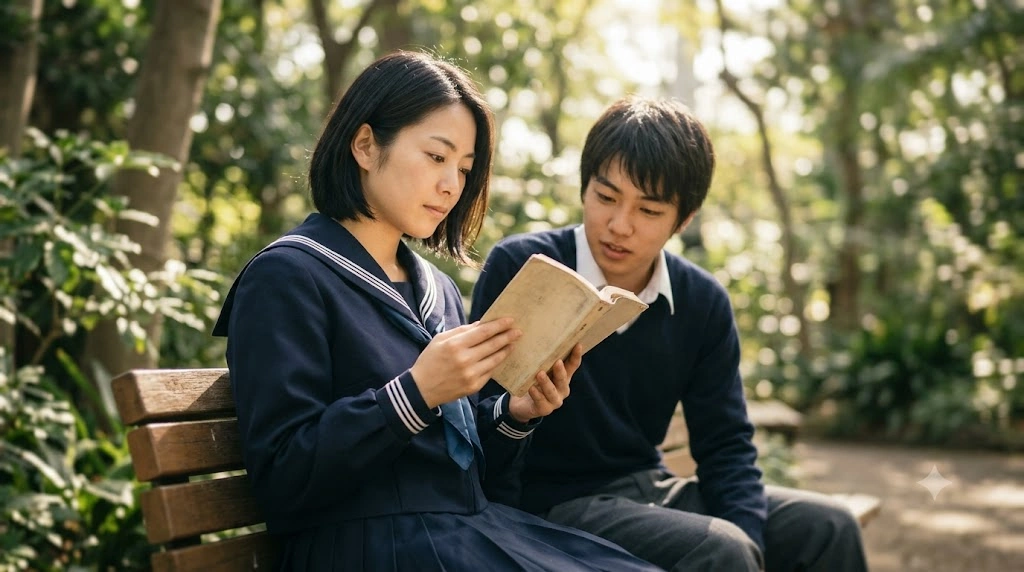 植物園のベンチで、セーラー服を着た日本の女子高生が熱心に文庫本（文字なし）を読んでいる。木漏れ日が彼女を照らし、青春時代の文学への共鳴と、教科書で学ぶ「過去の記憶」を象徴する。