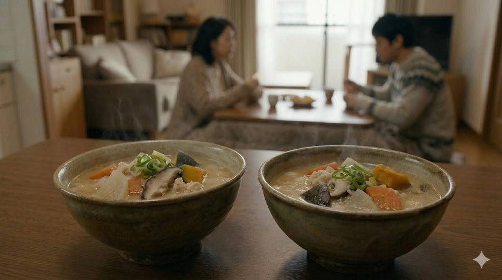 作中に登場する海史特製の粕汁（かすじる）。具材（人参、大根、きのこ、かぼちゃ）がたっぷりで、美味しそうな湯気が立っている。日本の冬の食卓。