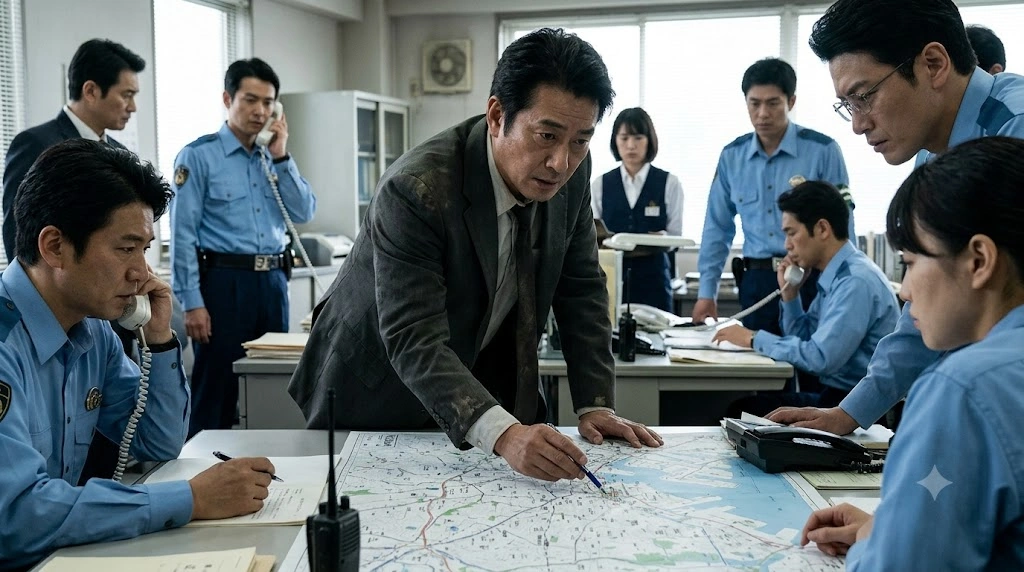 1991年の誘拐事件発生当時、横浜の地図を囲んで捜査会議を行う神奈川県警の刑事たち。真剣な表情で地図を指差すベテラン刑事と周囲の様子。実話のような臨場感のある写真。