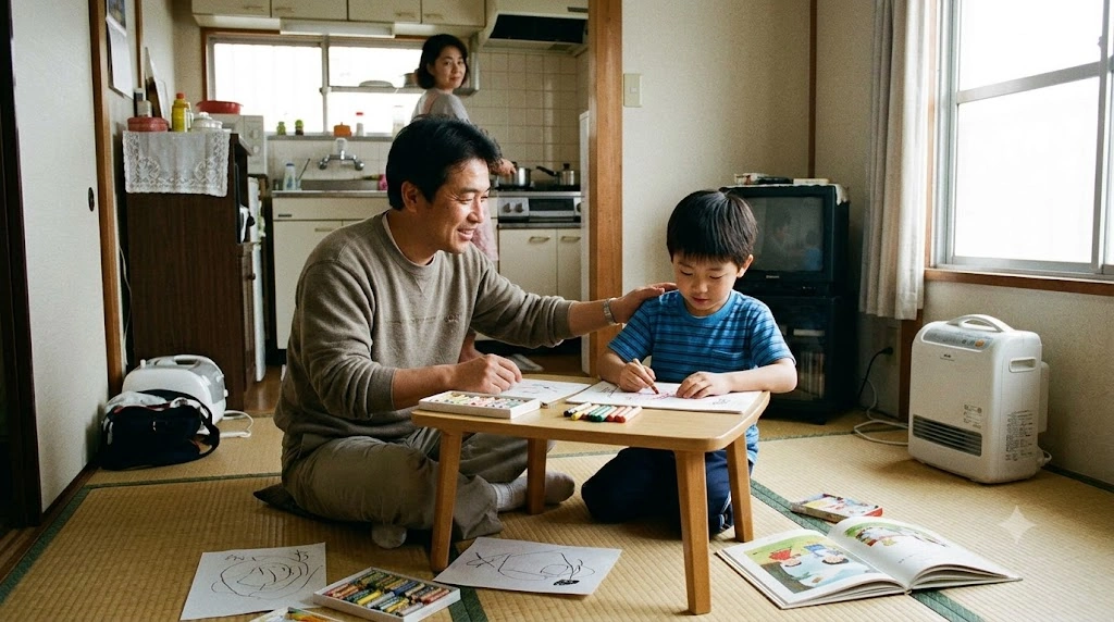 1993年頃、アパートの一室で、優しい表情の日本人男性（野本貴彦）に見守られながら、お絵かきに没頭する幼い男の子（内藤亮）。部屋の隅には布団乾燥機が見え、質素だが温かい生活の様子。ドキュメンタリータッチの写真。
