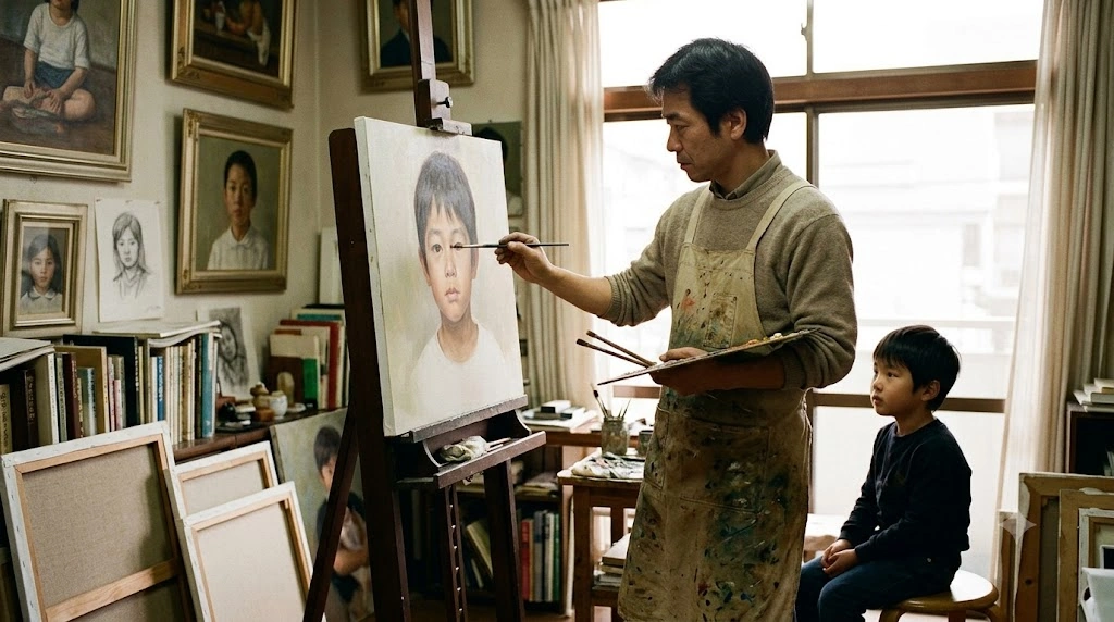 1993年頃、アトリエで集中して少年の肖像画（写実画）を描く日本人男性（野本貴彦）。パレットと筆を持ち、キャンバスを見つめる。隣には静かに座る幼い男の子（内藤亮）。犯罪から始まった関係だが、そこには確かな情愛が存在する。ドキュメンタリータッチの写真。