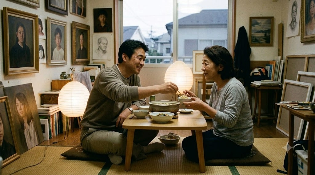 2021年頃、質素だが温かい日本の民家で、夕食を囲んで談笑する成長した日本人男性（如月脩 / 内藤亮、30代）と年老いた日本人女性（野本優美、60代）。二人の間には血の繋がりを超えた深い絆と、穏やかな時間が流れる。ドキュメンタリータッチの写真。