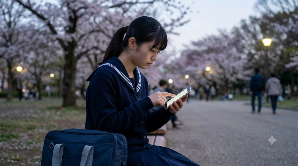 夕暮れの公園でスマートフォンを真剣に見つめる、制服姿の女子高生の横顔