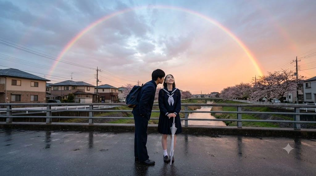 雨上がりの夕暮れ、大きな虹がかかった空を並んで見上げる高校生のカップル