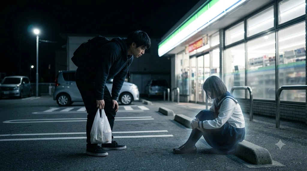 深夜のコンビニ駐車場で、座り込む女子高生に声をかける男子大学生