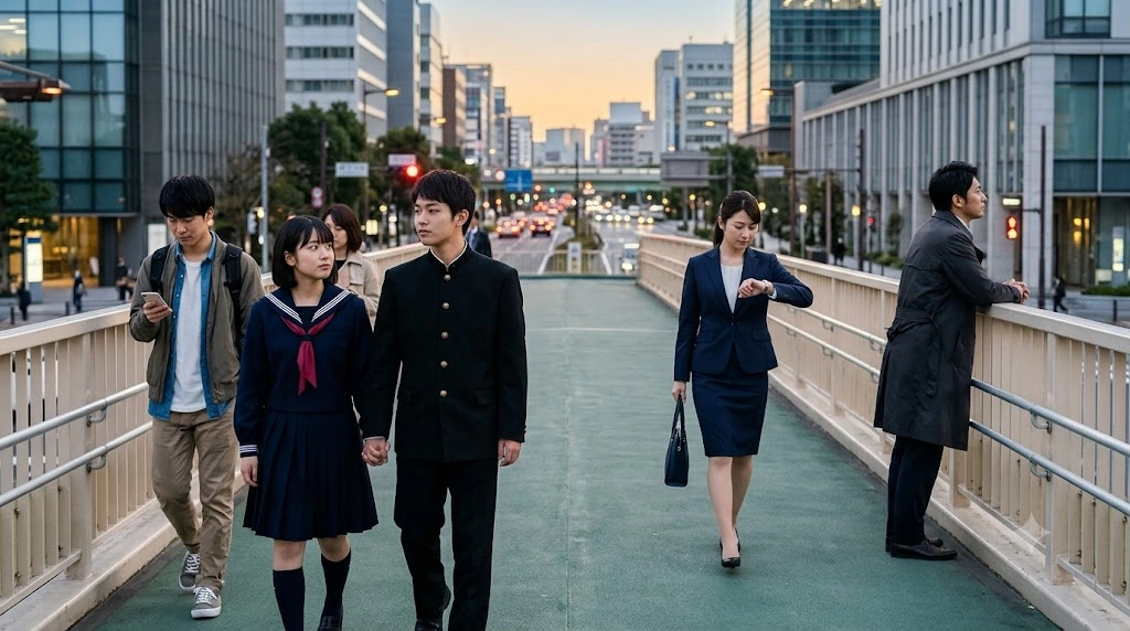 異なる年齢層の男女が交差する、夕暮れの街角での群像劇をイメージした写真