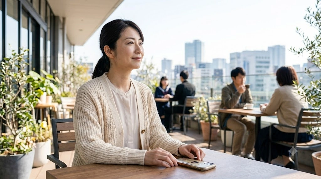 明るい朝、アートカフェのテラス席で前を見つめ微笑む女性. 手元には形見のスマホ.