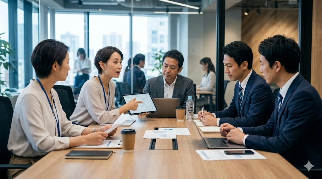 大手食品メーカーの会議室で、様々な年代の日本人社員たちがテーブルを囲み、多様な視点で熱心に議論を交わす様子。現代のリアルな仕事場と人間関係の縮図を表している。