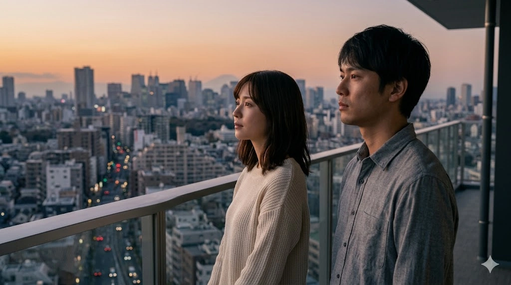 夕暮れの東京の街並みを背景に、異なる方向を見つめて立ち尽くす一組の日本人夫婦。同じ空間にいながらも内面の価値観がすれ違う、現代の結婚の葛藤を象徴している。