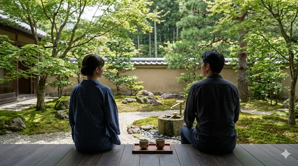 伝統的な日本庭園を臨む縁側で、少し離れて座りながら、穏やかに異なる形式の庭を見つめる日本人男女。完全に分かり合えずとも個として自立し共生する、本作のポジティブなメッセージを表現している。