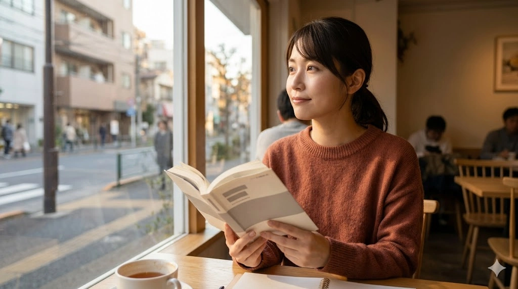 午後の優しい光が差し込むカフェで、一冊の本を読み終え、充実した表情で窓の外を見つめる日本人女性。読後の深い余韻と、人生への前向きな感情を象徴している。