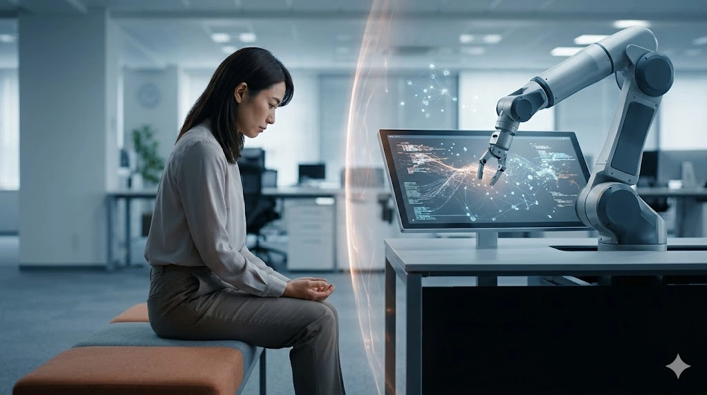 AIやロボットアームが効率的に稼働する現代的なオフィスで、仕事を失い、うつむきながら一人ベンチに座る日本人女性の対比的な描写。