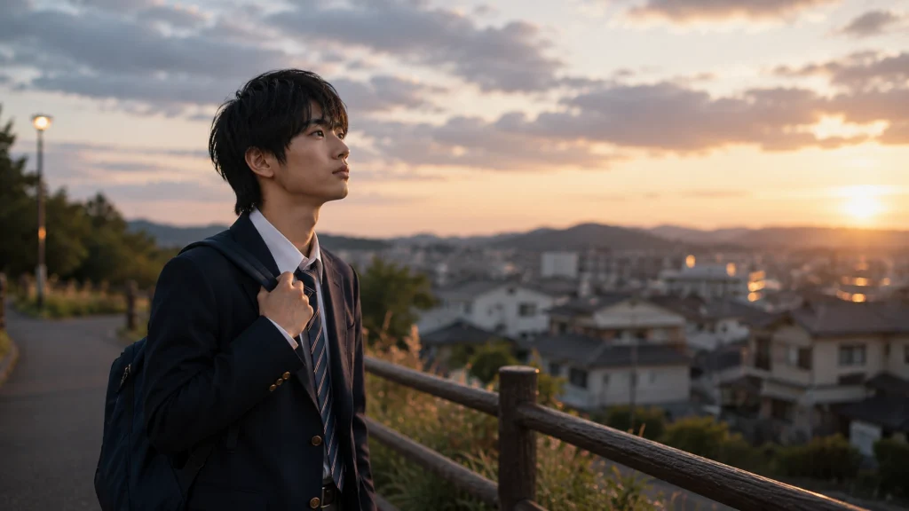 夕暮れの街を見渡し、自分に必要な学びと将来の進路を考える高校生・時田秀美