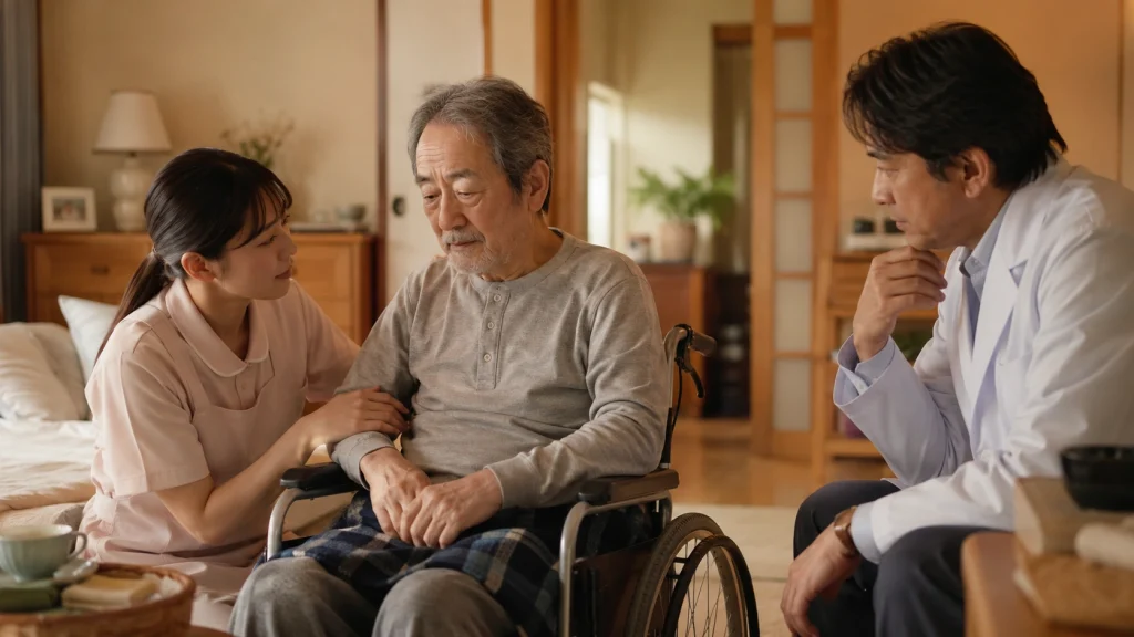 廃用身のAケアが問いかける介護負担と高齢者の生活の質を表した自宅介護の場面
