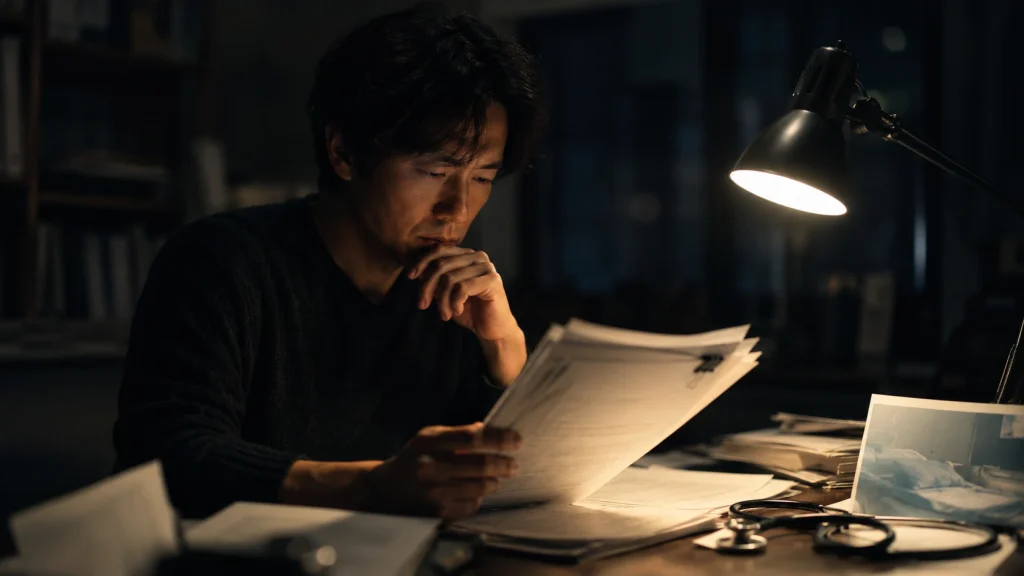 廃用身の小説構造を象徴する原稿と医療記録を読み解く編集者の緊張感ある場面