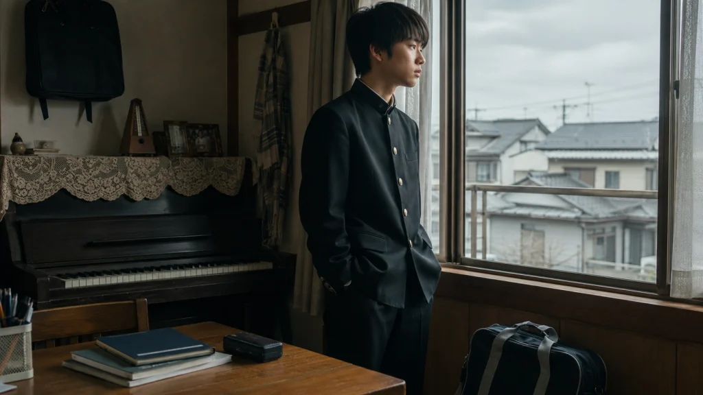 ピアノのある自宅で窓の外を見つめる日本人の男子中学生