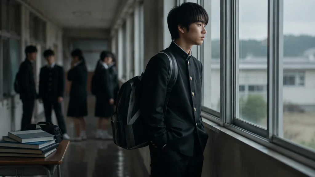 学校の廊下で孤立し窓の外を見つめる日本人の男子中学生