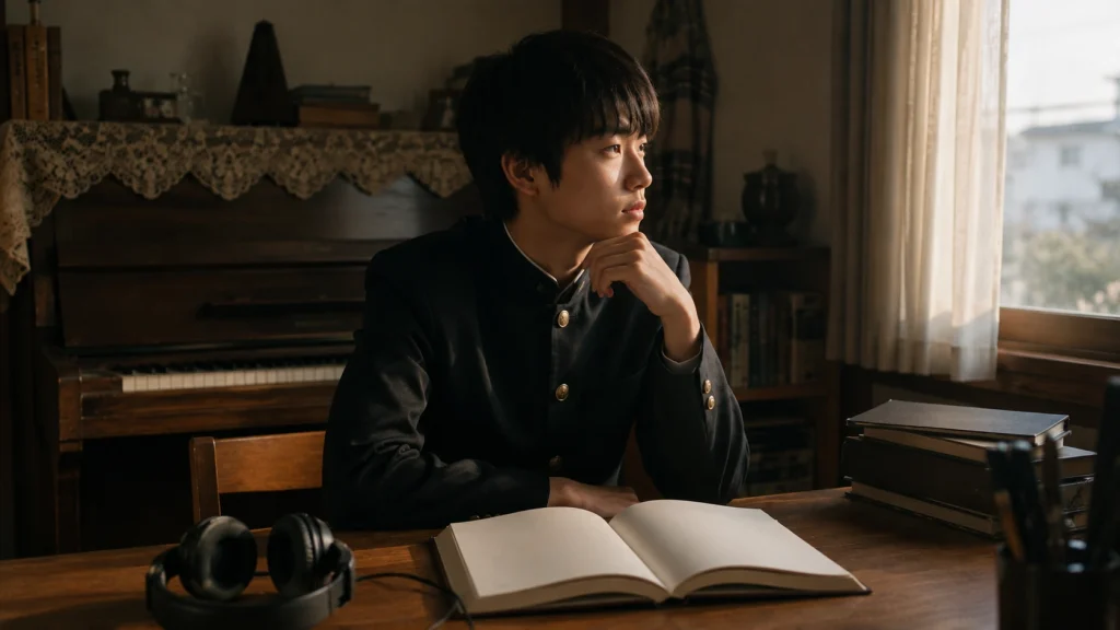 原曲と小説版の違いを象徴する本とヘッドホンを前に考える男子中学生