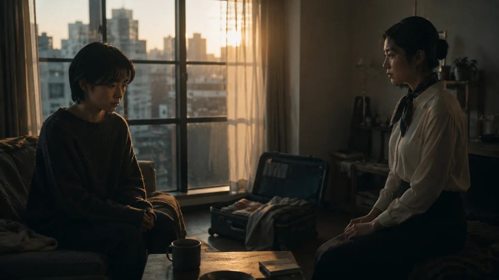 夕暮れの部屋で距離を置いて向き合う村田容子と夕記子の別れを描いたイメージ
