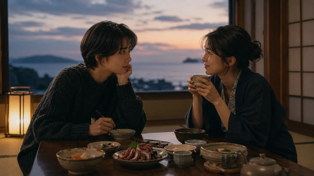 海辺の旅館で蛸料理を囲み穏やかに過ごす村田容子と森沢由梨子の微熱休暇イメージ