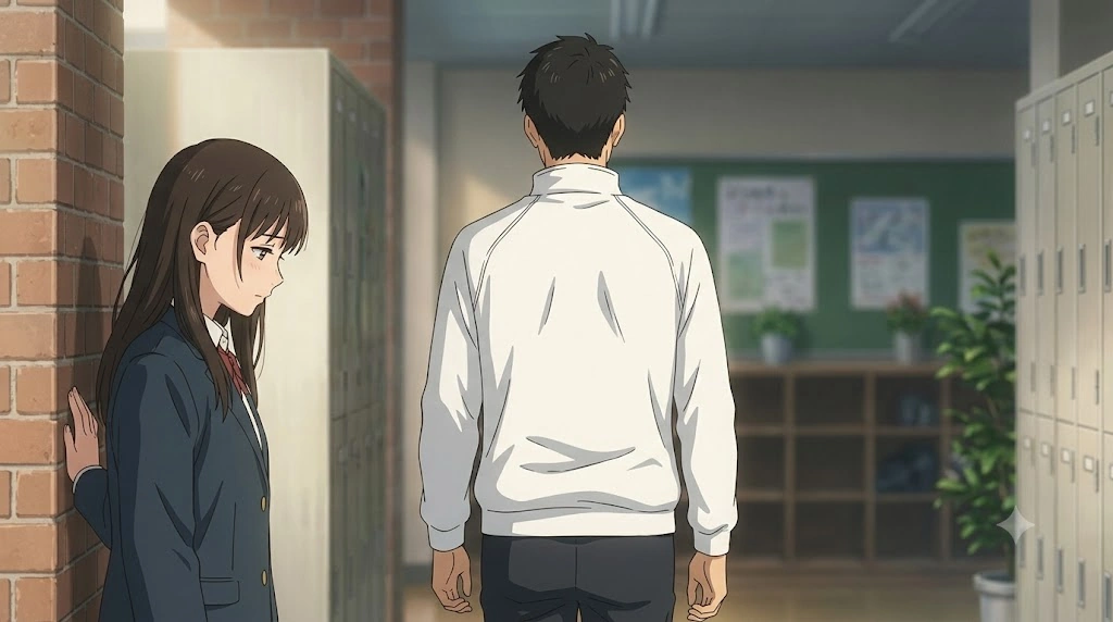 高校の校舎で、女子生徒（直）が、前を歩く白いジャージ姿の男性教師（新垣先生）の後ろ姿を、切なげに見つめている。先生の背中が大きく、彼女の片思いが伝わる。