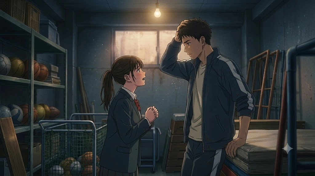 夕暮れの薄暗い体育倉庫で、女子生徒（直）が男性教師（新垣先生）に向かい合って、緊張した面持ちで自分の思いを伝えている。先生は戸惑いながらも、彼女を見つめている。