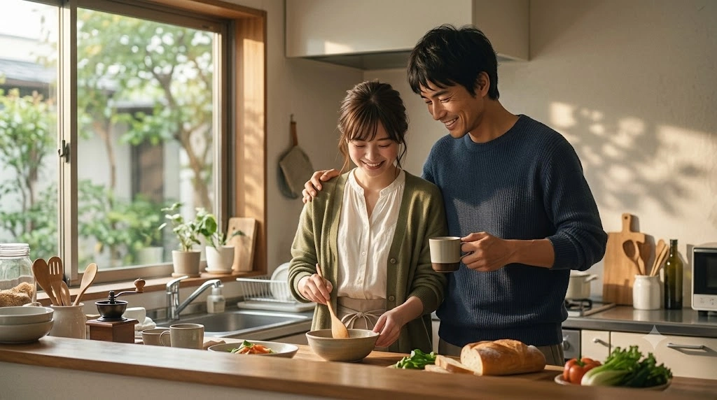 柔らかい朝の光が差し込むキッチンで、大人になった直と新垣先生（タキシード姿ではない）が、並んで料理をしている。新垣先生は白いシャツ、直はエプロン姿で、穏やかな笑顔を浮かべており、幸せな日常が感じられる。