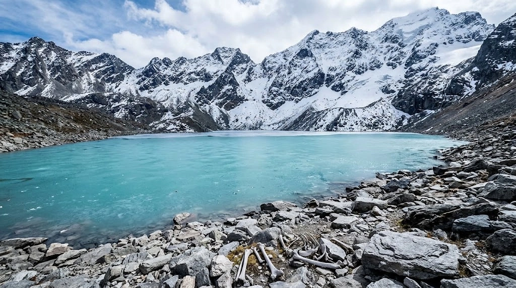 ヒマラヤのループクンド湖（骨の湖）の実在の風景。雪山に囲まれた神秘的な氷河湖と、湖畔に散らばる古代の人骨が写っており、小説の科学的・神秘的な舞台背景を象徴している。