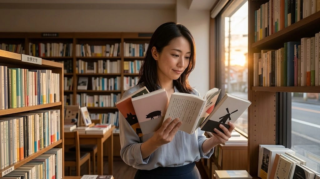 日本の書店で、夕暮れの温かい光の中で、『動物農場』の異なる翻訳本（山形浩生、高畠文夫、開高健など）を手に取り、見比べる30代の日本人女性。