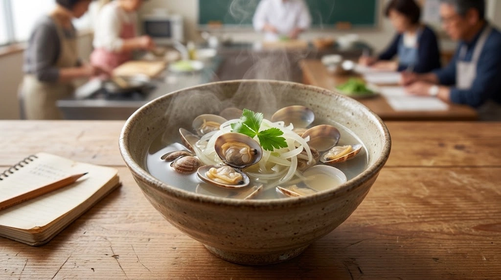 料理コンテストの会場で、素朴な器に盛られた steaming「アサリと新玉ねぎのスープ」。審査員一人ひとりの事情を見抜いたリリーの無意識の優しさが込められた、物語の始まりの料理。