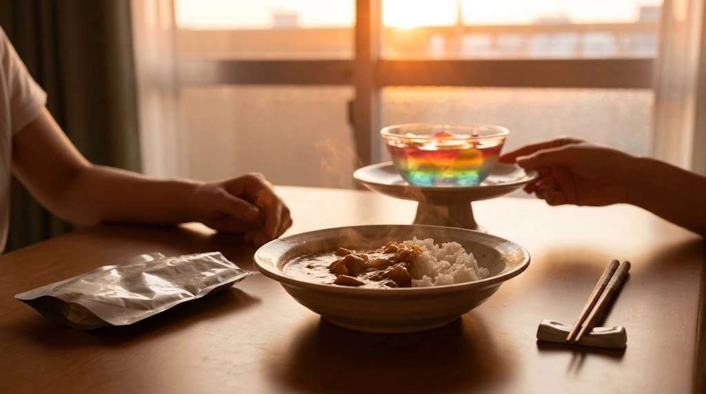 夏の夕暮れ、一般的な家庭の食卓に並ぶ「レトルトカレー」と、リリーが作った「カラフルな三層ゼリー（夏ゼリー）」。完璧を求めない「力を抜く」生き方と、姉妹の心の再生を象徴する食卓の風景。