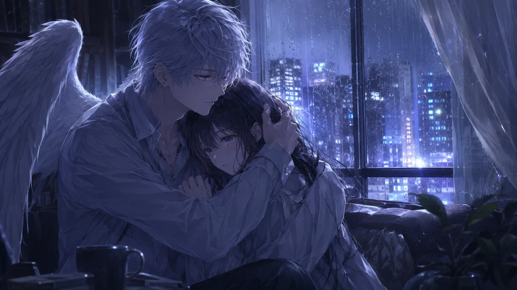 雨の夜に抱き合うエイルとサアラが愛と依存の深まりを示す場面
