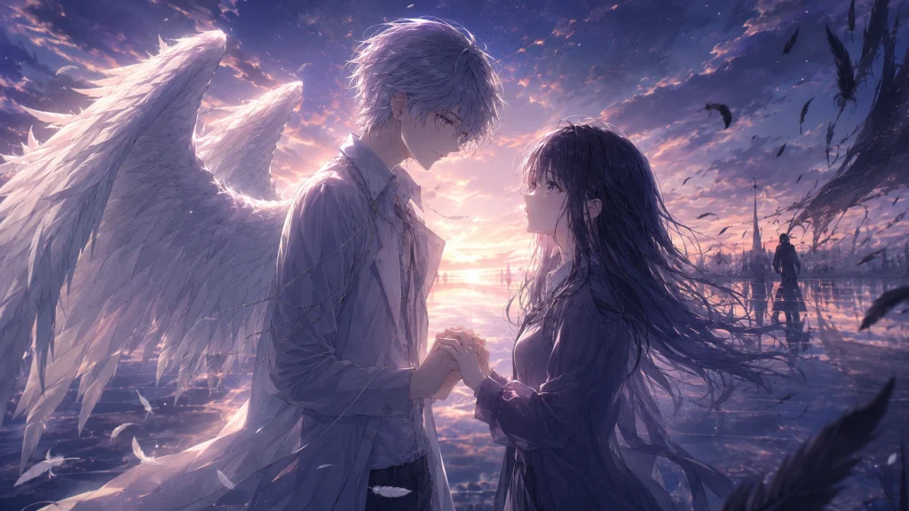 幻想的な夕暮れの中で手を取り合うエイルとサアラの最後の再会