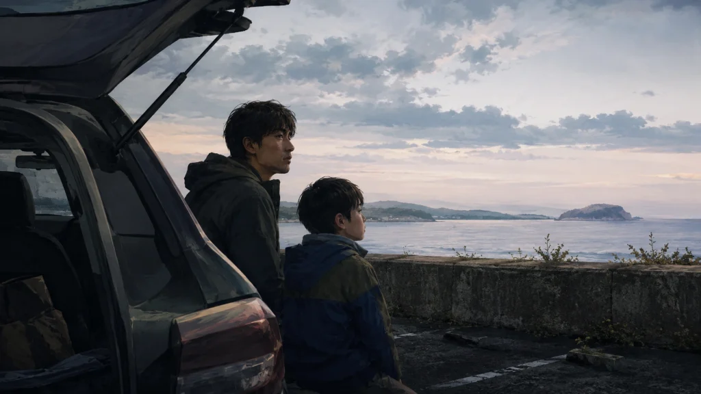 海辺の車のそばで遠くを見つめる叔父と少年の旅をイメージした風景